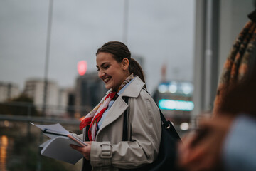 Confident young professional woman smiling while reviewing documents outdoors in an urban setting,...