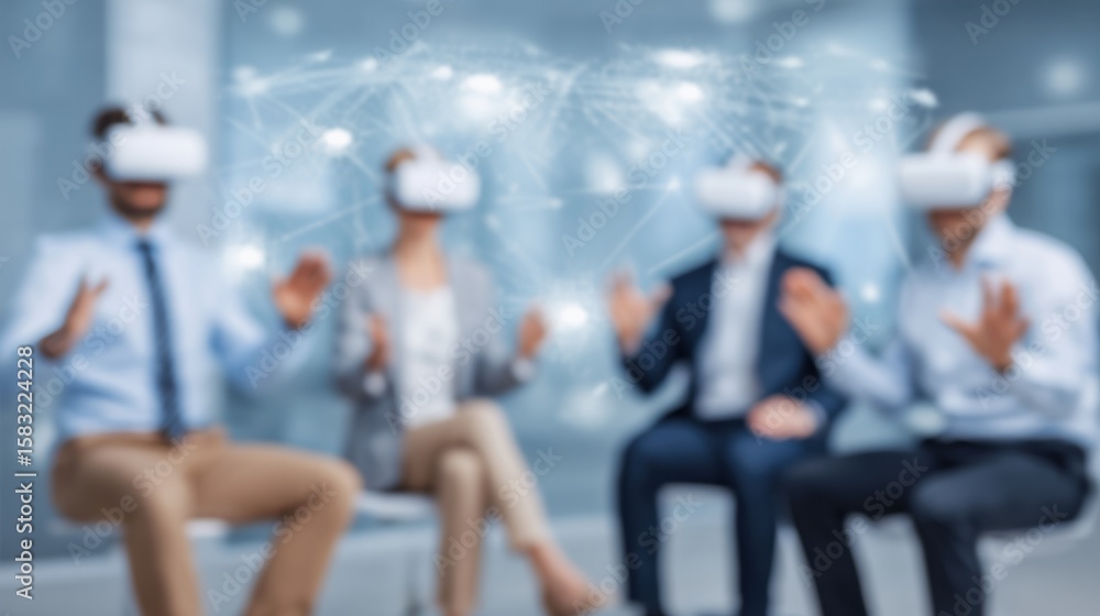 Aufkleber virtual reality meeting where avatars engage in discussions with a digital background and a blurred 
