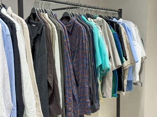 Organized Shirt Rack with Mixed Patterns and Earth Tone Palette