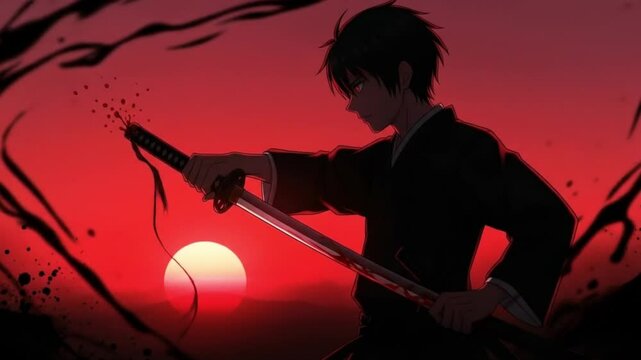 Silhouetted anime samurai in sunset for artistic projects, book covers, posters, and designs looking for a powerful and mystical element.