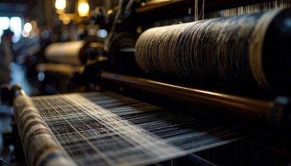 Antique textile loom weaving intricate fabric; close-up view of threads and machinery.