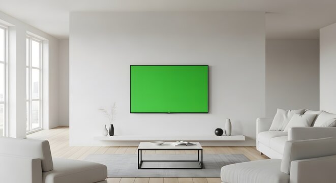 Bright living room interior with a green screen television mounted on a white wall, surrounded by modern furniture and natural light.