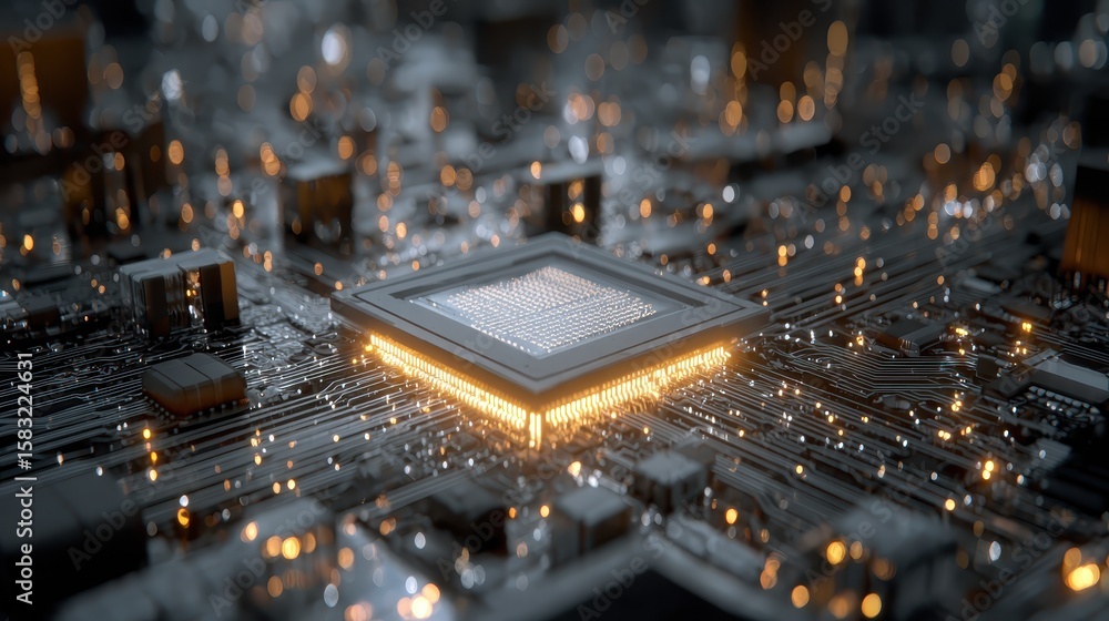 Poster detailed close up on illuminated computer microchip and circuit board. useful for illustrating theme