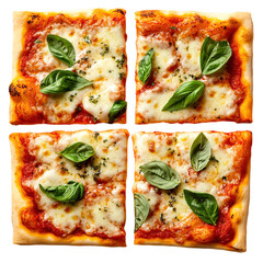 Delicious square pizzas garnished with fresh basil leaves on a contrasting transparent background