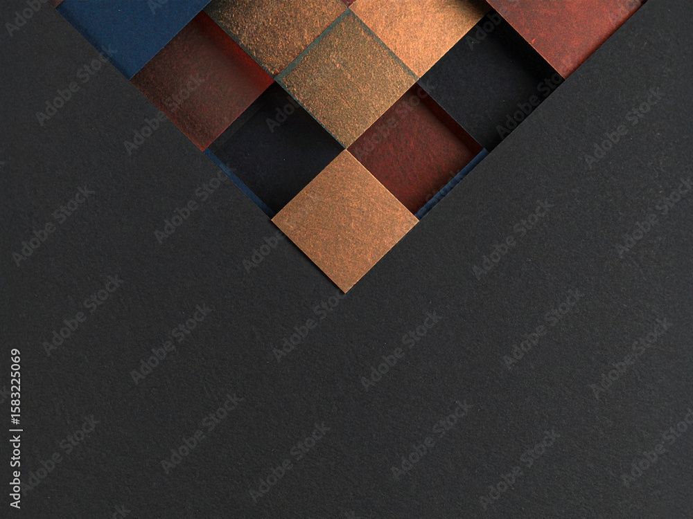 Poster a dynamic abstract background featuring a grid of varying square tiles, showcasing textures of metal