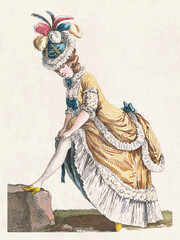 Vintage French fashion drawing. Elegant lady in a colorful dress with detailed hairstyle and fancy accessories. Soft textured background.