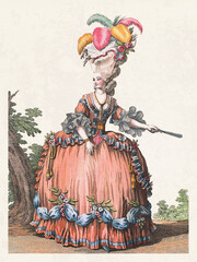 Vintage French fashion drawing. Elegant lady in a colorful dress with detailed hairstyle and fancy accessories. Soft textured background.