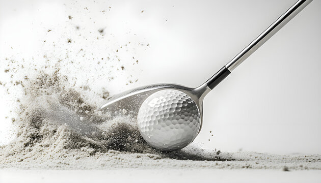 Golf ball bursts out of sand trap as golfer strikes it with a club amidst a sand explosion