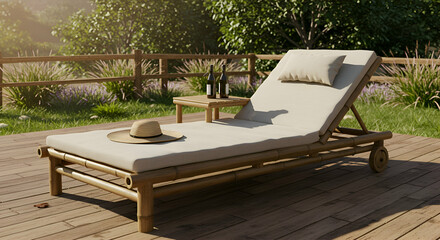 Stylish bamboo chaise lounge with accompanying side table, featuring a light beige fabric, placed on a wooden deck in a lush garden setting.
