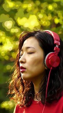 Young Woman Enjoying Music With Red Headphones in Lush Green Natural Anime Style Manga Vibes With Warm Sunlight and Closed Eyes Promoting Mindfulness and Relaxation