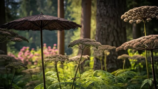 Enchanting forest floor with unique plant forms and natural light.