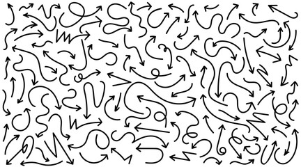 Dynamic hand drawn arrows pattern. Black vector illustration of directional simple line arrows icon in different styles and shapes isolated on white background, use for infographic or design elements.
