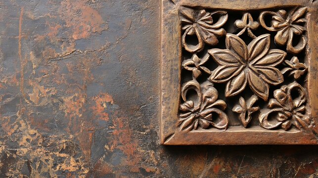 Ornate copper-colored carving on a dark textured surface