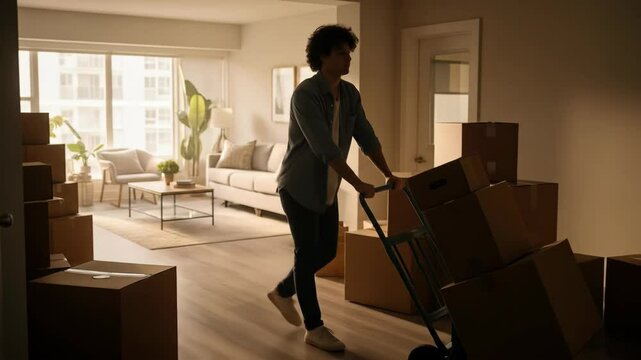 Man moving boxes on dolly in apartment living room, relocation and new home concept, footage