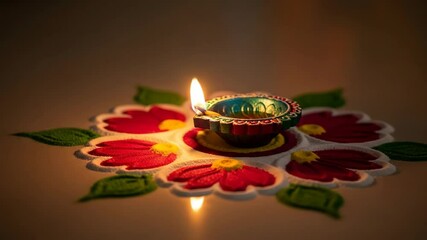 Earthen oil lamp illuminates a colorful powdered rangoli art design, flickering for Indian Diwali festival celebration footage. - Powered by Adobe