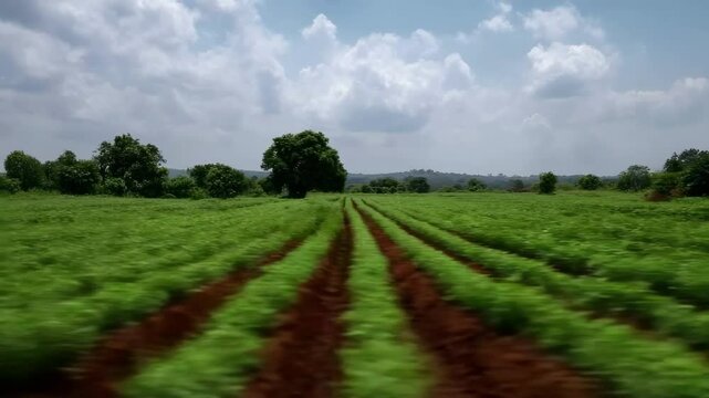 Expansive cassava fields stretch across the rural landscape