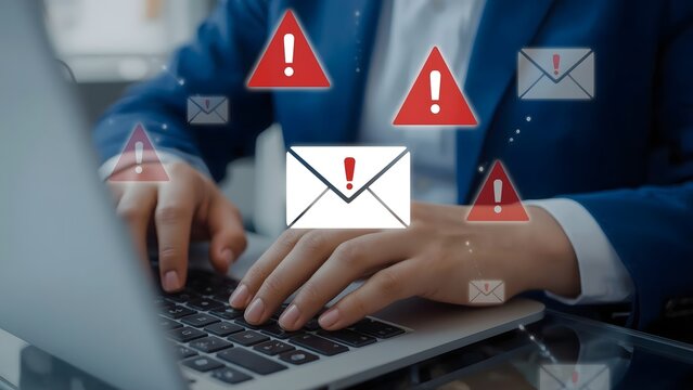 Businessman typing on laptop with warning email icons, representing email threat, phishing attack, malware, data breach, cybersecurity alert, scam message, spam risk, and online fraud protection.