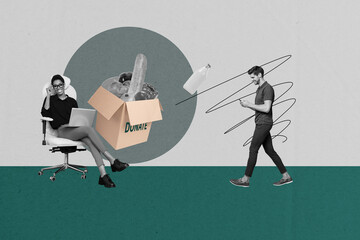 Full zine trendy photo collage of happy girl guy volunteer hold box food delivery support milk...