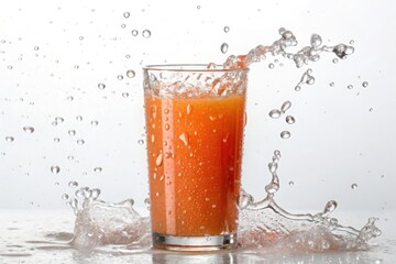 Ai generated image of orange juice splashes out of a glass isolated on white background
