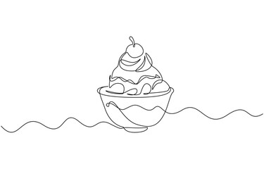 One line continuous ice-cream in a bowl symbol concept. Silhouette of dessert cafe restaurant snack, One line drawing of ice cream scoops on the glass bowl. Ice cream in single line draw illustration.