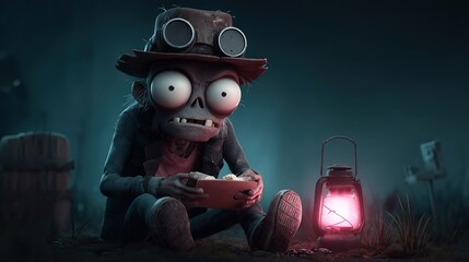 Whimsical Zombie in Goggles  Hat, Eating Popcorn by a Glowing Red Lantern