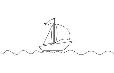 Single line continuous drawing of sailboat or yacht one line drawing outline vector art illustration. Sailboat single minimal line drawing on white background.