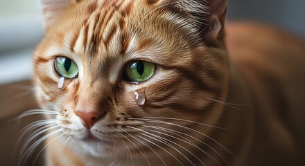 Close-up portrait of a ginger cat with green eyes, tears streaming down its face.