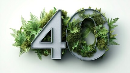Number forty formed by green moss and ferns symbolizing environmental awareness