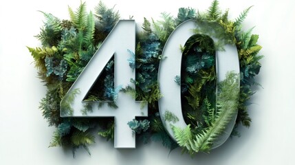 Number forty formed by green foliage on white background