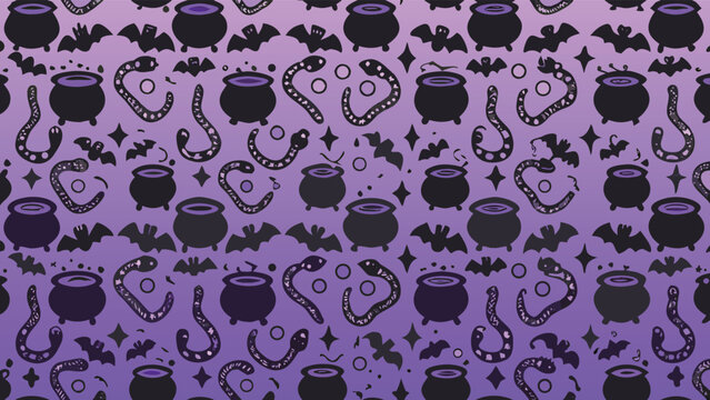 Seamless halloween pattern with cauldrons bats snakes and stars on a purple gradient background