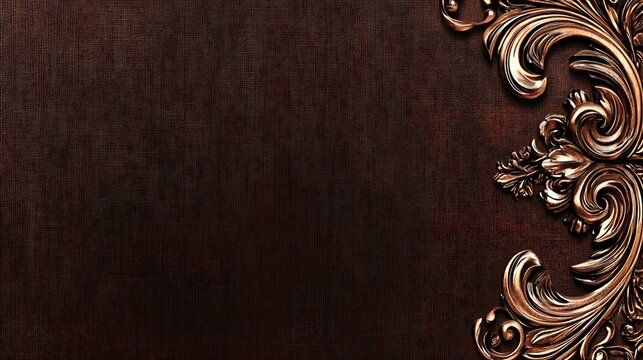 Ornate copper-toned carving on dark wood