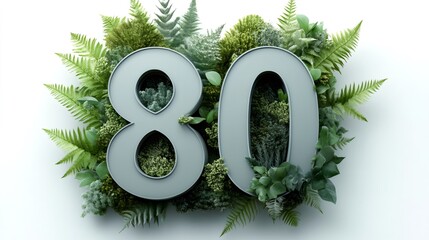 Number eighty surrounded by lush green foliage