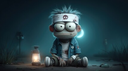 Moonlit Vigil: Big-Eyed Cartoon Creature with Skull Bandana  Lantern