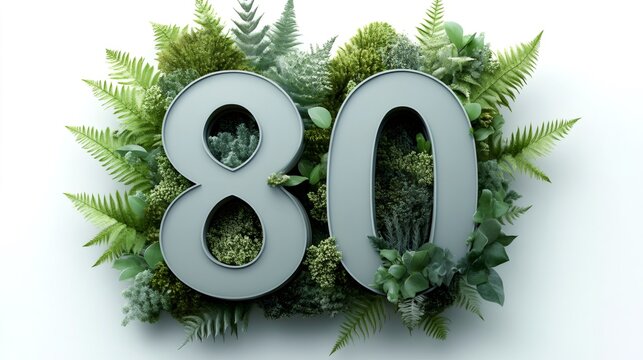 Number eighty surrounded by lush green foliage