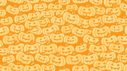 An orange seamless pattern featuring many smiling jack o lanterns for halloween season decor and design