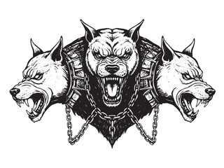 Fototapeta premium Engraved Cerberus with three snarling heads muscular body and spiked chains guarding the underworld
