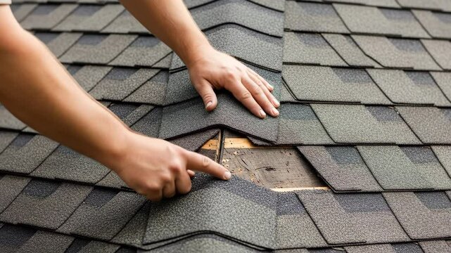 Man's hands inspecting damaged asphalt shingle roof. Roofer pointing out repair need. Home exterior maintenance and renovation. Construction footage.
