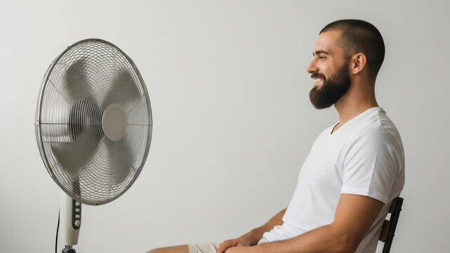 Caucasian man sitting on a chair and cooling himself with a fan in a bright room during hot summer weather footage.