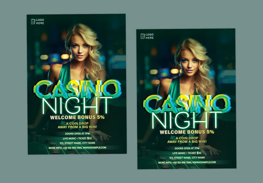 Editable Casino Night Flyer Template &ndash; A4 Size Neon Style Party Poster with Glamorous Host and Poker Table Background for Print