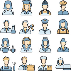 Professional & Jobs illustration set. Includes of job, career, worker, employee, business, and More. Vector flat color collection	