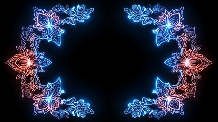 Neon floral frame on black background