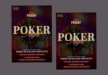 Editable Poker Night Flyer Template &ndash; Classic Casino Poster with Roulette, Chips & Dice for Friday Events