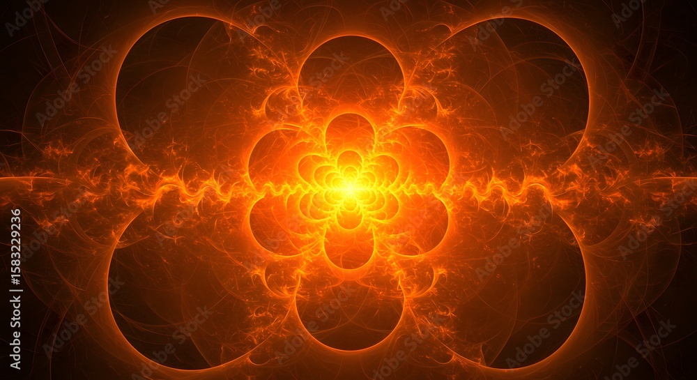 Fototapete Abstract fractal art featuring interconnected orange circles and a central glowing light with wavy lines, creating a complex and dynamic pattern.
