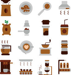 Coffee Production illustration set. Includes of beans, roasting, grinder, brewing, and More. Vector flat color collection
