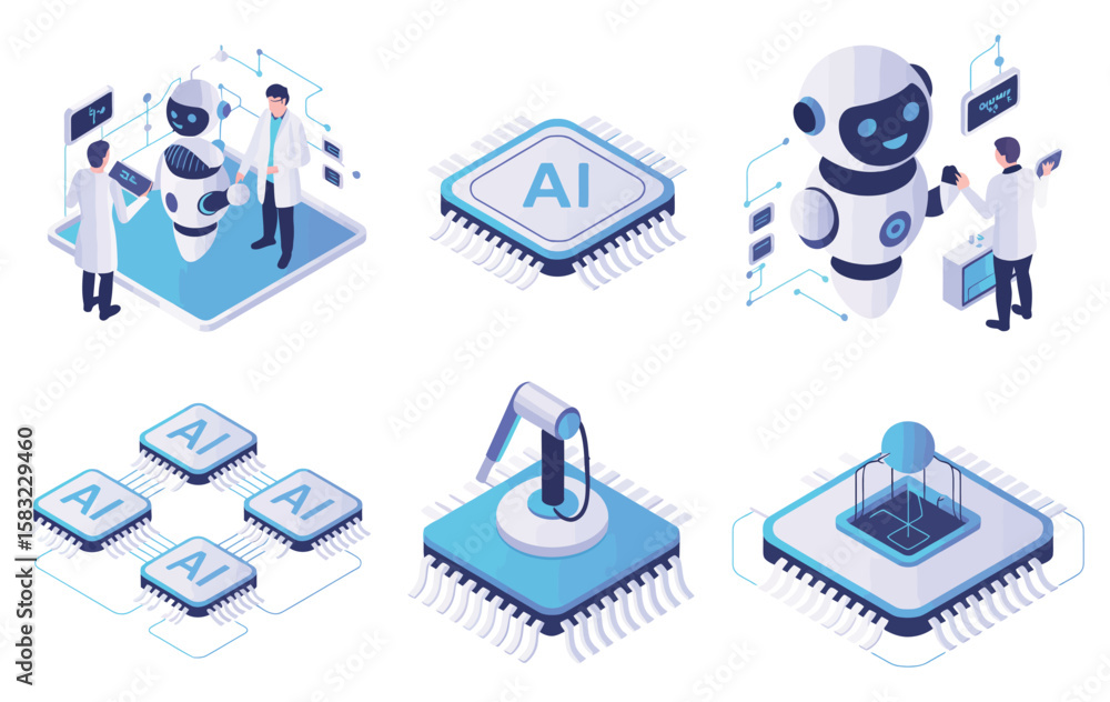 Poster isometric artificial intelligence icon set featuring digital brain neural network, ai servers, robot