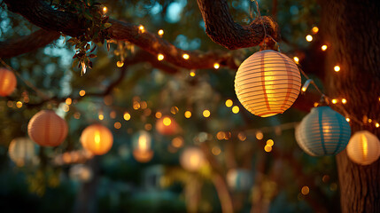 Obraz premium Warm String Lights and Colorful Lanterns Hanging from Tree Branches at Twilight Gathering