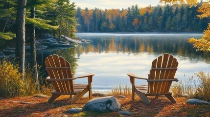 Fototapeta premium Adirondack chairs sitting at the lake shore