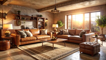 Cozy Living Room Interior with Leather Sofas and Natural Light