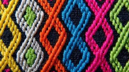 Colorful woven friendship bracelet pattern on black background  