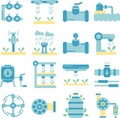 Irrigation illustration set. Includes of water, farming, agriculture, sprinkler, canal, and More. Vector flat color collection